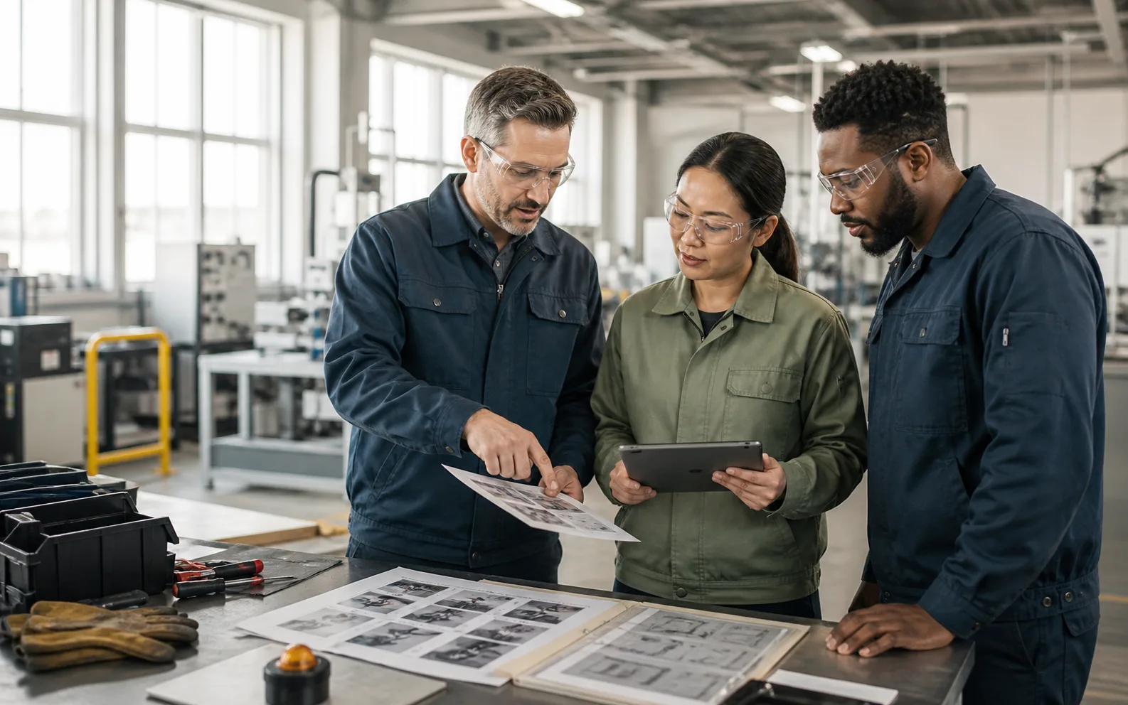 Manufacturing workers reviewing current procedures